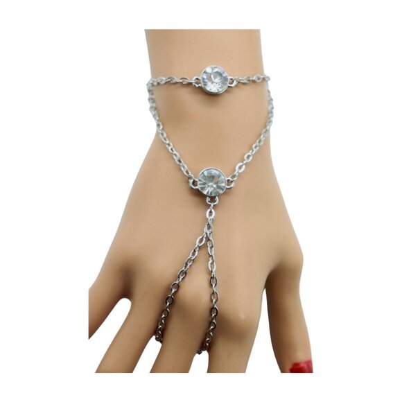 New Women Silver Metal Hand Chain Fashion Bracelet Connected Ring 2 Bling Beads - Picture 1 of 17
